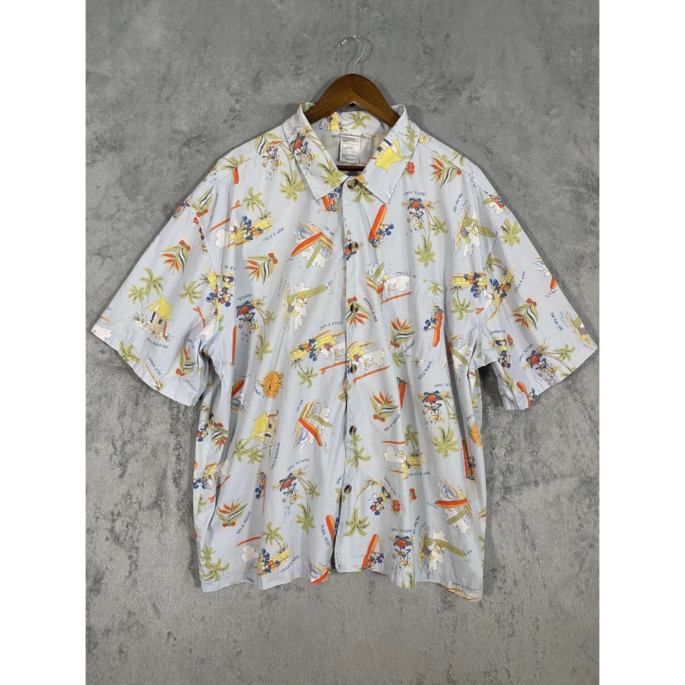Disney‎ Button Down Mens XXL Blue Mickey Mouse Tropical Hawaiian Surf Shirt VTG